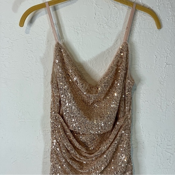 LULU’S Glamorous Arrival Rose Gold Sequin Midi Tulip Dress - Picture 4 of 13